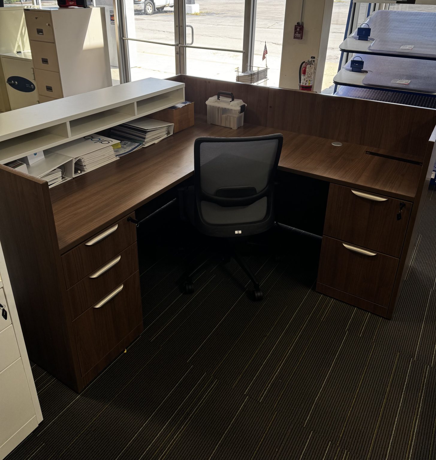 Modern Walnut Reception Desk with Filing Cabinet and White Transaction ...